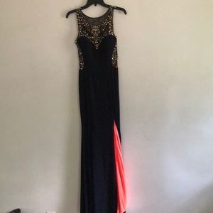 Navy blue and gold beaded prom dress